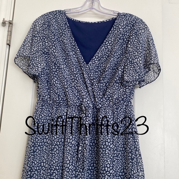 Women's Casual Short Sleeve V Neck Ruffle Print High Waist Flowy Mini Dress - Picture 3 of 4